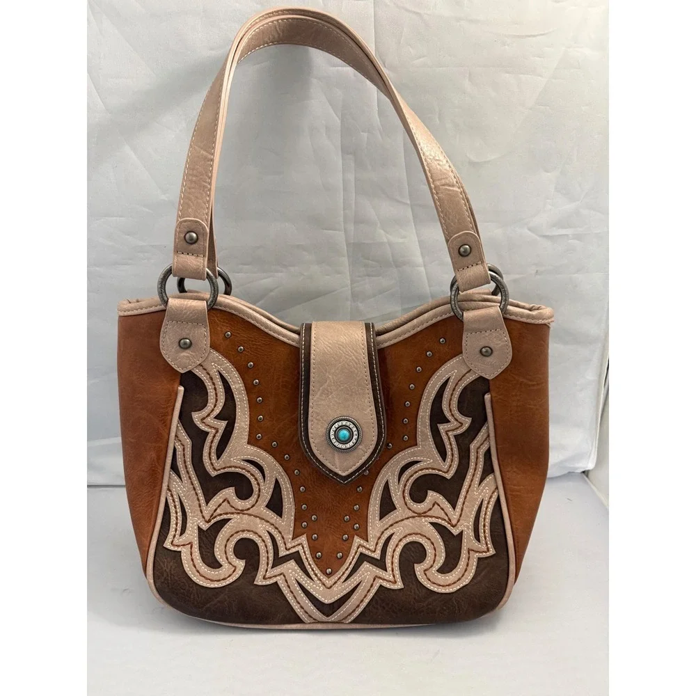 Montana West Western Tooled Shoulder Bag Tote Brown Tan Turquoise Concho Large